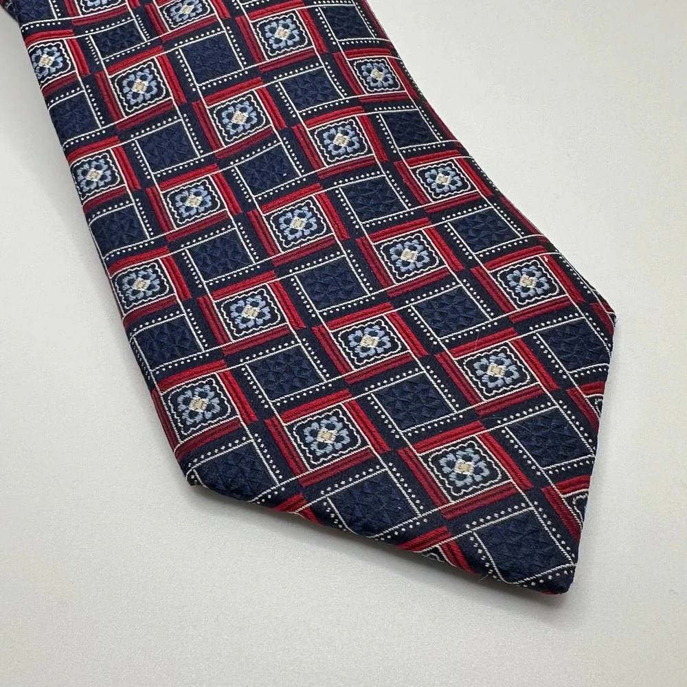 Jos A Bank Silk neck tie blue‎ and red square design 59.5